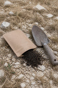 Illustrative rendering of an unbranded kraft packet of mycorrhizal root starter spilled open on caliche gravel beside a trowel.