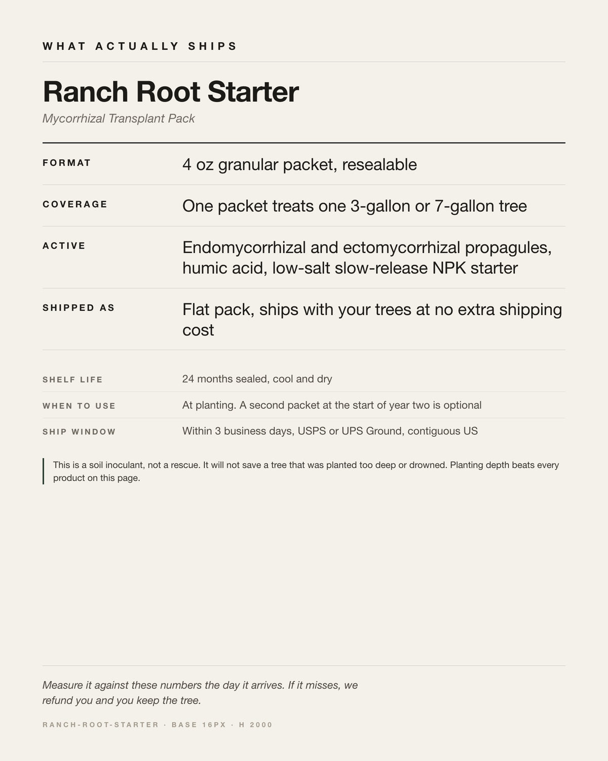 Specification card for the Ranch Root Starter - Mycorrhizal Transplant Pack: in a 4 oz granular packet, resealable.